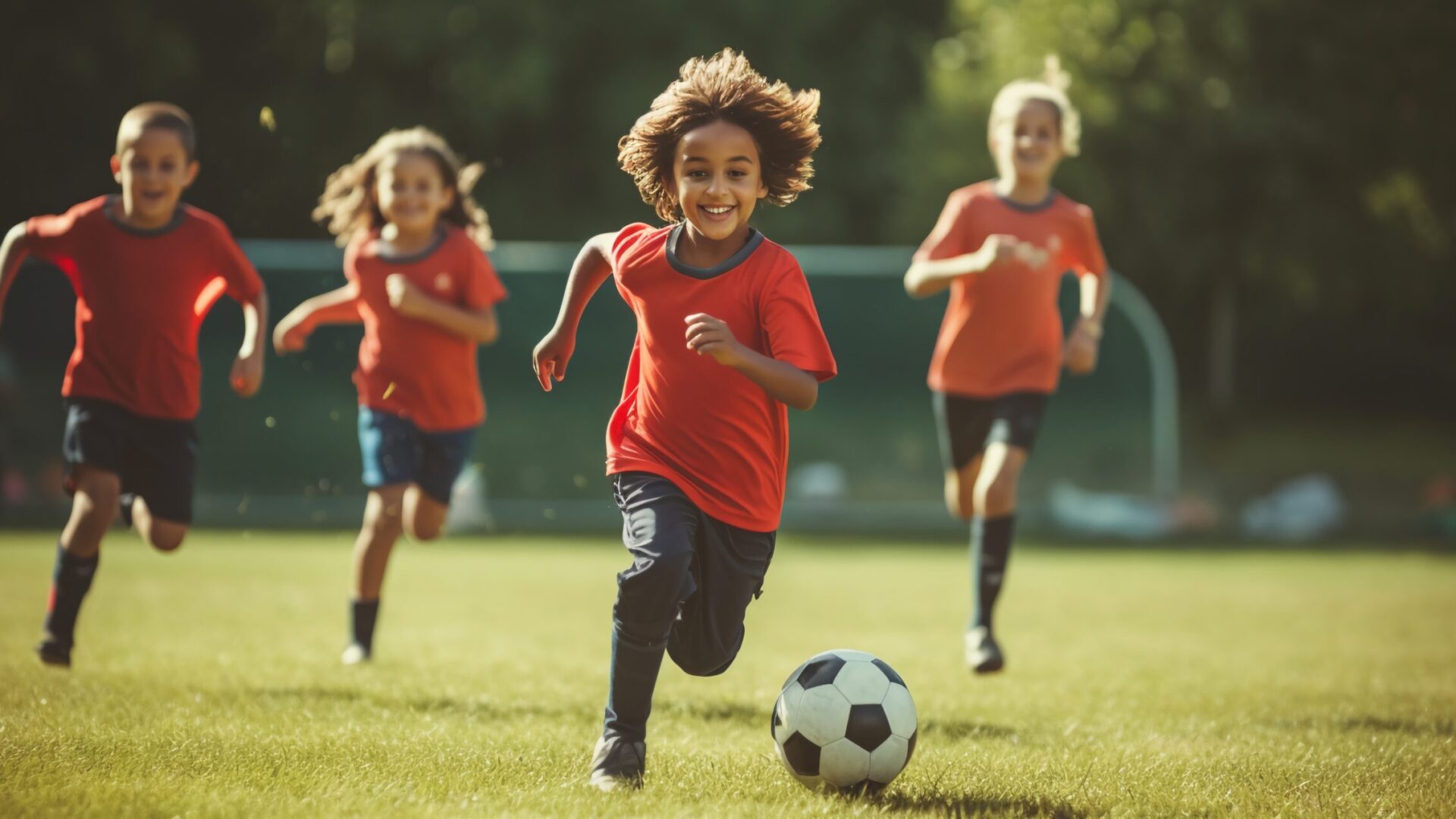 Football soccer training for kids, children football training scene, boys happily chasing the football on grass field.