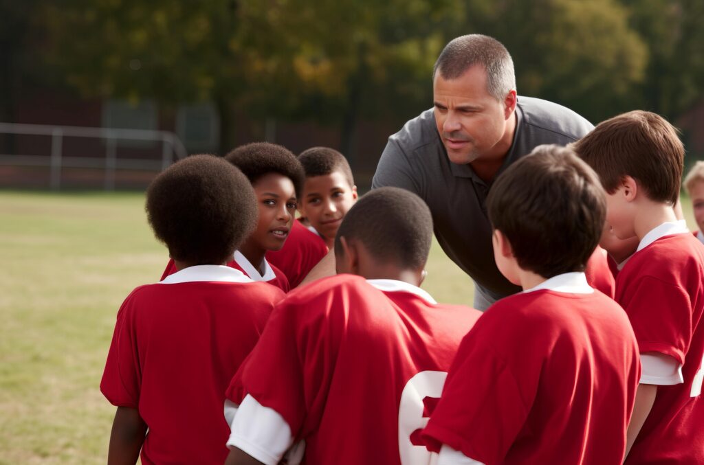 Sport coach for children sport football. Soccer instructor on field with football kids team. 